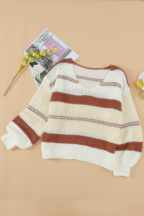 V-Neck Knitted Lantern Sleeve Pullover Sweater